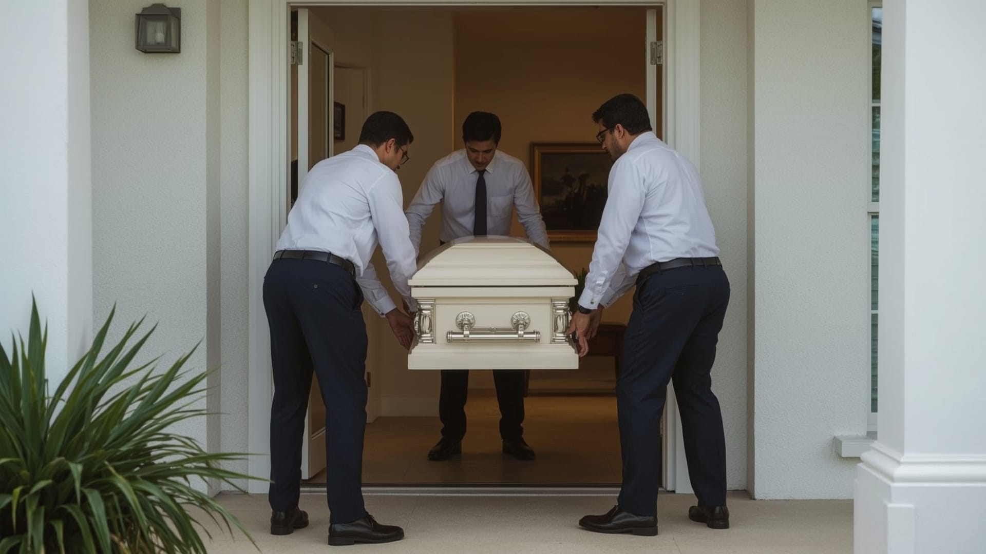 Uitvaartverzorgers tillen een extra grote uitvaartkist naar buiten