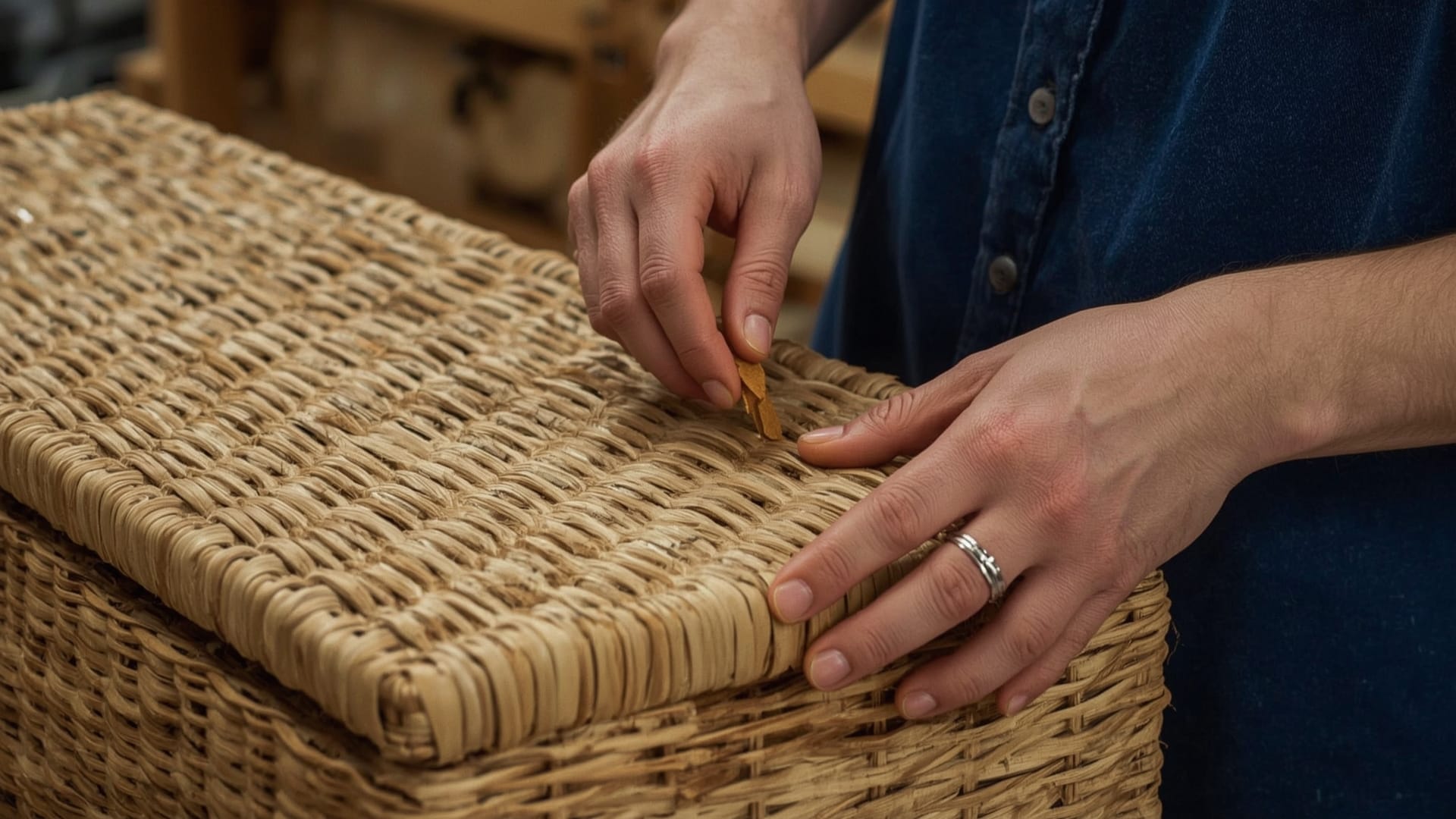 Afwerken van een rieten uitvaartmand door een vakman