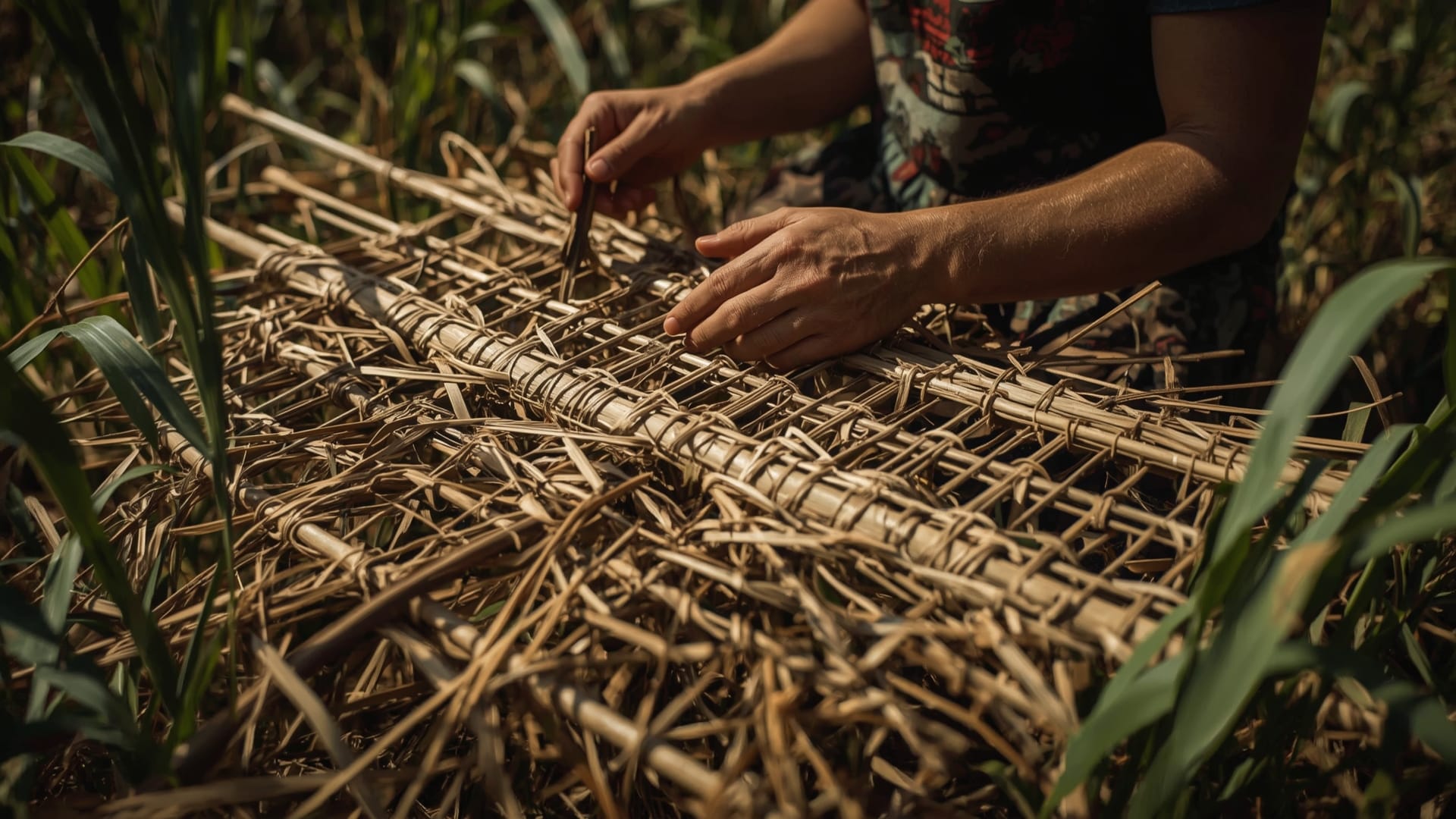 Een arbeider werkt met wilgentenen om een uitvaartmand te maken